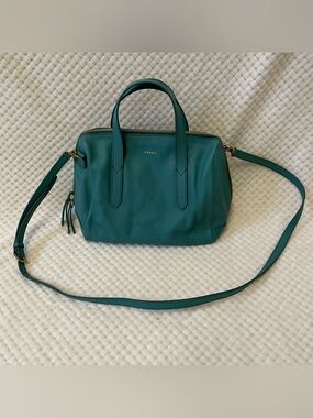 Fossil Sydney Satchel Teal blue Leather Satchel purse  with Adjustable Strap